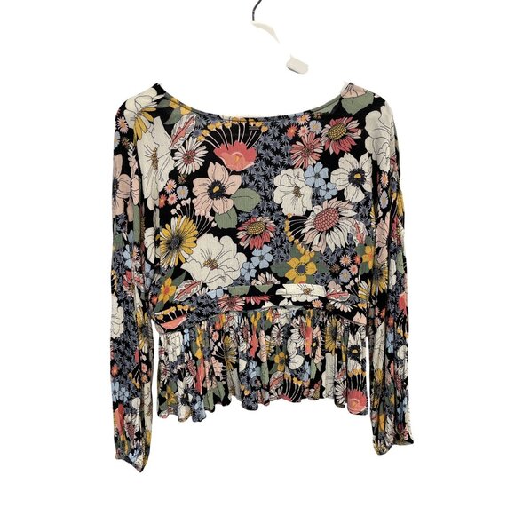 ONeill Peplum Top Size Small Floral VNeck 3/4 Sleeve Black Multi Bohemian Hippie - Picture 3 of 8